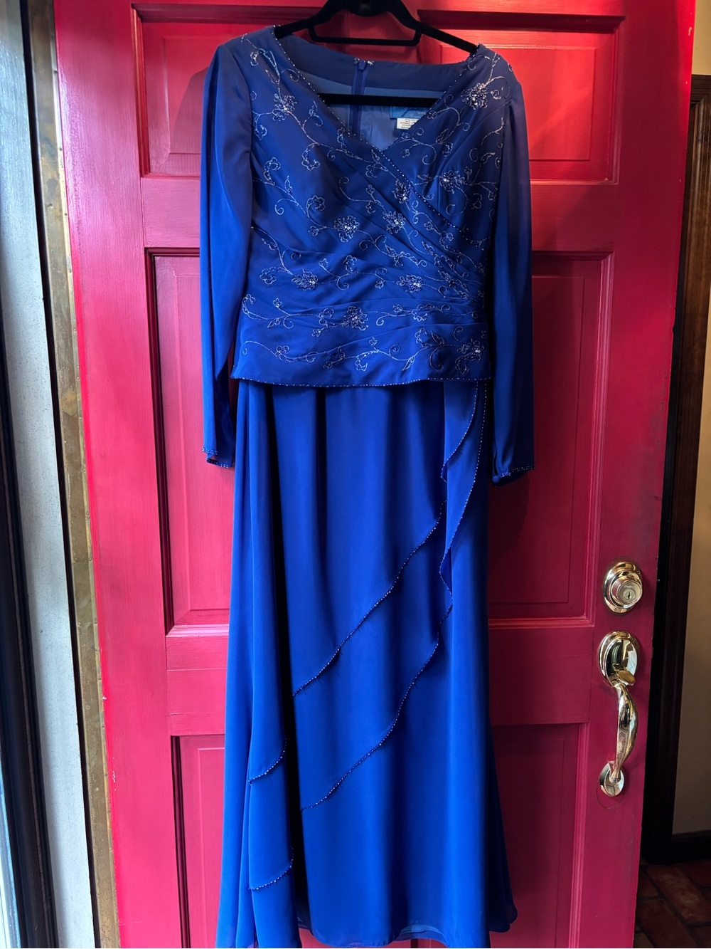 Elegant Jasmine Royal Blue Long Sleeve Beaded Evening Dress size small or size 6
